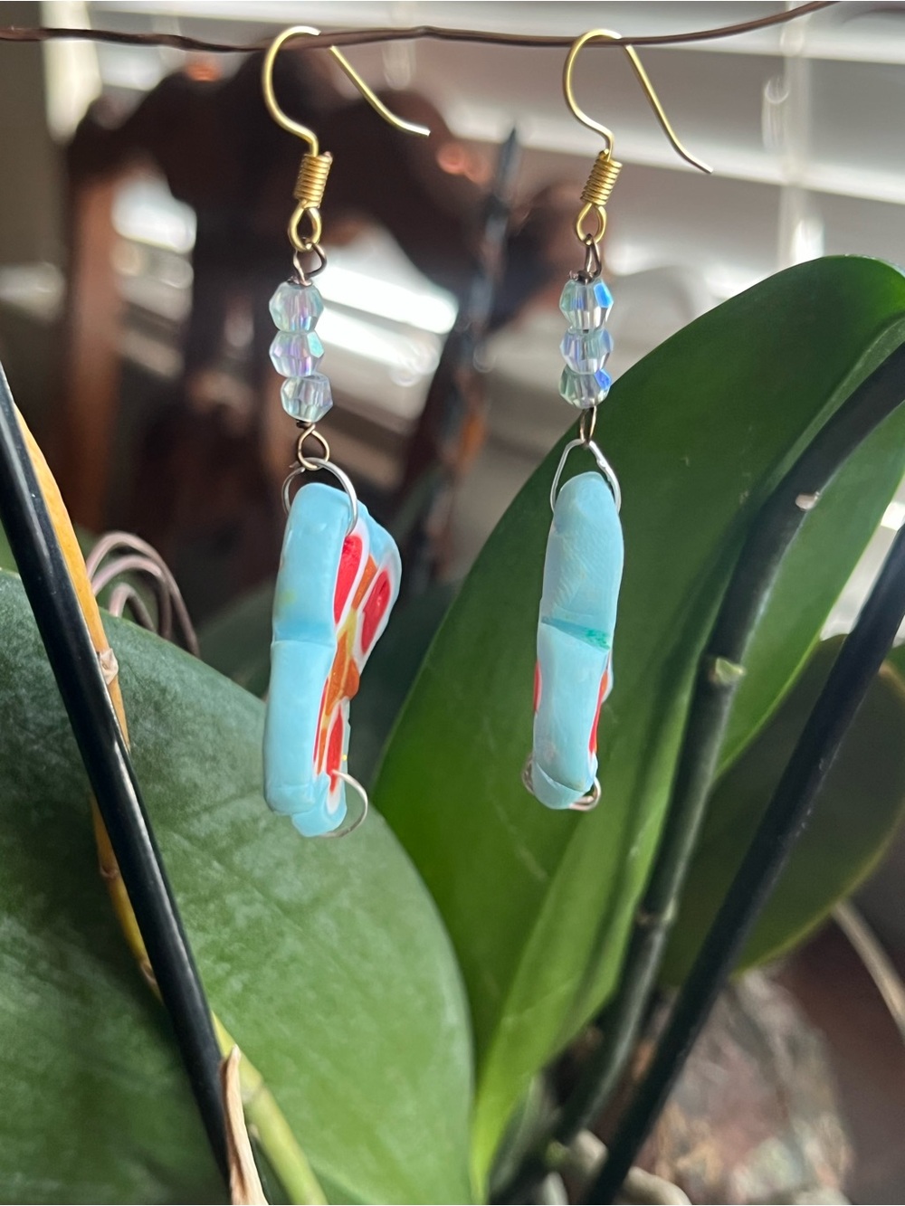 Handmade polymer clay Blue Floral Dangle Earrings